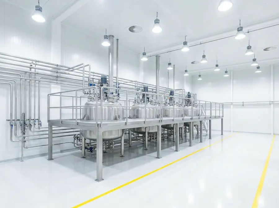 Sala de producción con estanques de mezcla de acero inoxidable